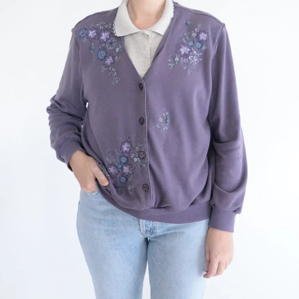 Vintage 90s Alfred  Dunner Purple Embroidered Floral Collared Sweater M